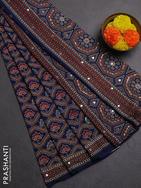 Muslin silk saree indigo blue with allover ajrakh prints and sequin mirror work embroidery pallu