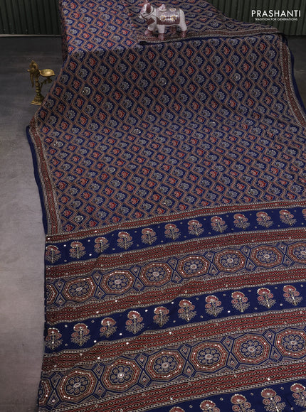 Muslin silk saree indigo blue with allover ajrakh prints and sequin mirror work embroidery pallu