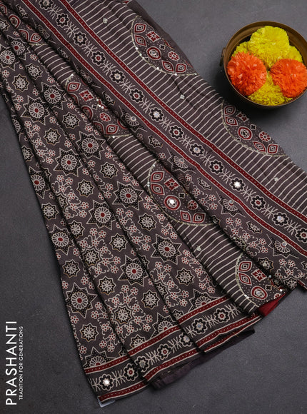 Muslin silk saree grey shade and maroon with allover ajrakh prints and sequin mirror work embroidery pallu