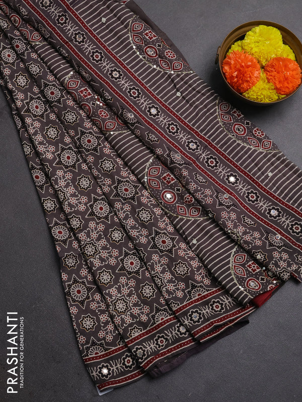 Muslin silk saree grey shade and maroon with allover ajrakh prints and sequin mirror work embroidery pallu
