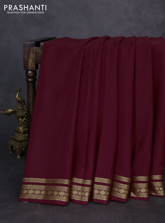 Pure mysore silk saree deep maroon with plain body and zari woven border