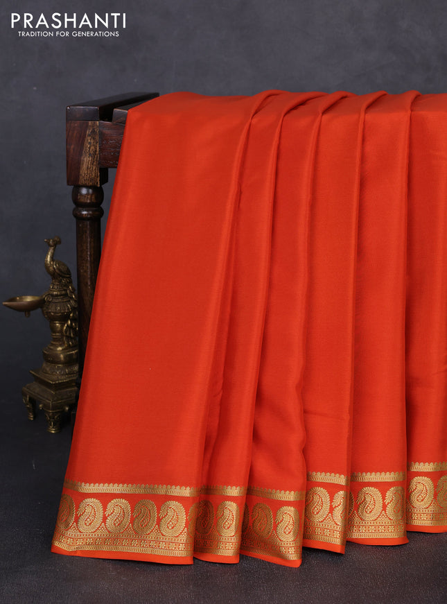 Pure mysore silk saree orange with plain body and zari woven border