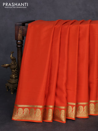 Pure mysore silk saree orange with plain body and zari woven border