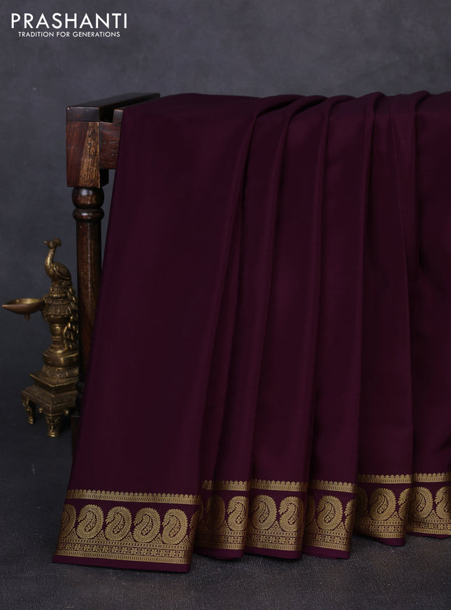 Pure mysore silk saree wine shade with plain body and zari woven border