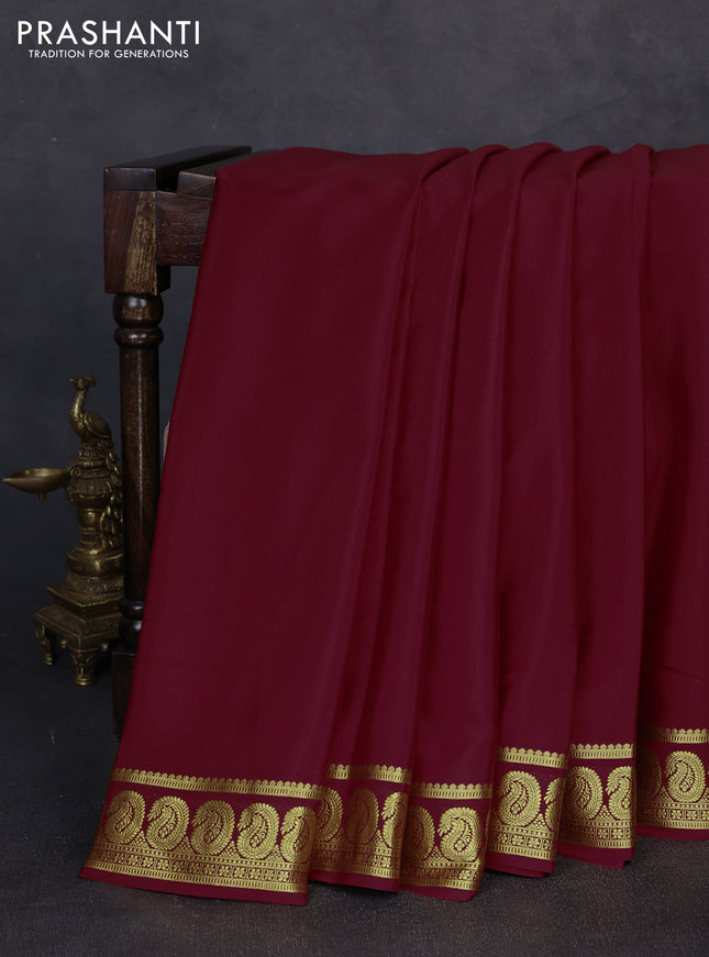 Pure mysore silk saree maroon with plain body and zari woven border