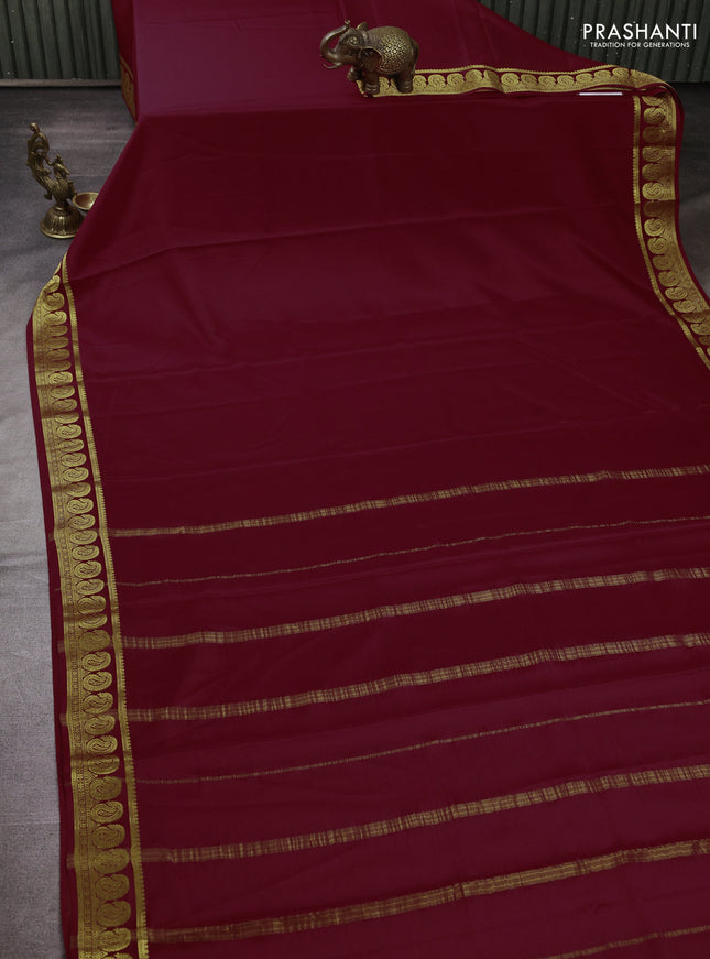 Pure mysore silk saree maroon with plain body and zari woven border