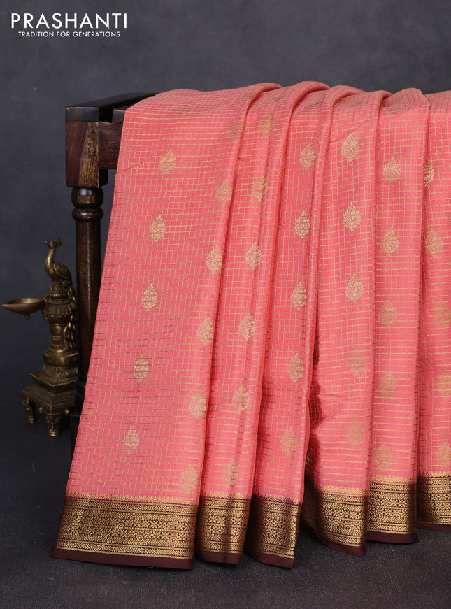 Pure mysore silk saree peach shade and coffee brown with allover small zari checks & buttas and zari woven border