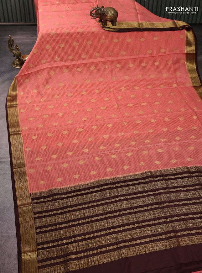 Pure mysore silk saree peach shade and coffee brown with allover small zari checks & buttas and zari woven border