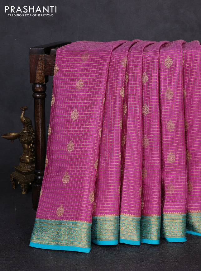 Pure mysore silk saree mauve pink and cs blue with allover small zari checks & buttas and zari woven border