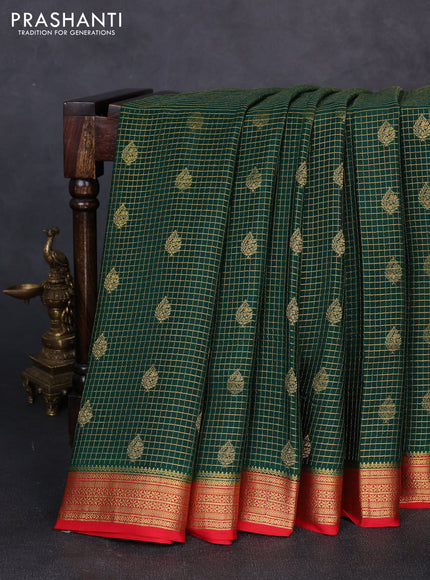 Pure mysore silk bottle green and red with allover zari small checks & buttas and zari woven border