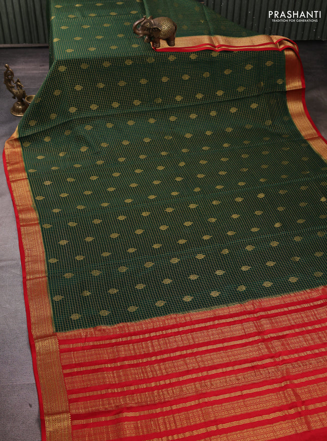 Pure mysore silk saree bottle green and red with allover zari small checks & buttas and zari woven border