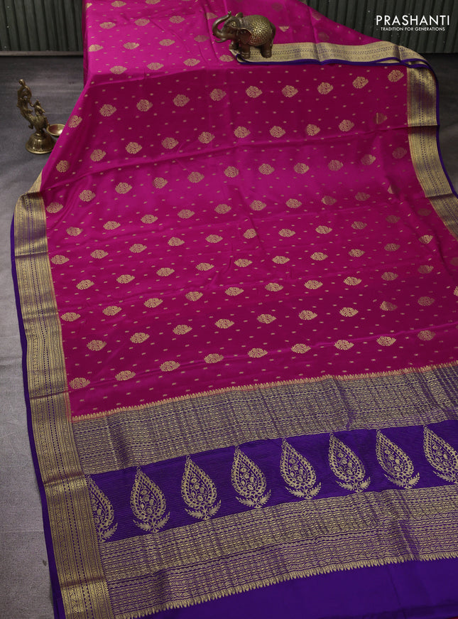 Pure mysore silk saree pink and violet with allover zari woven buttas and zari woven border