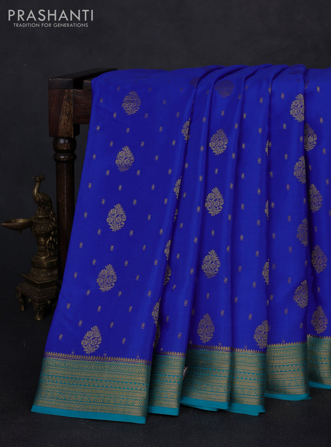 Pure mysore silk saree royal blue and teal blue with allover zari woven buttas and zari woven border