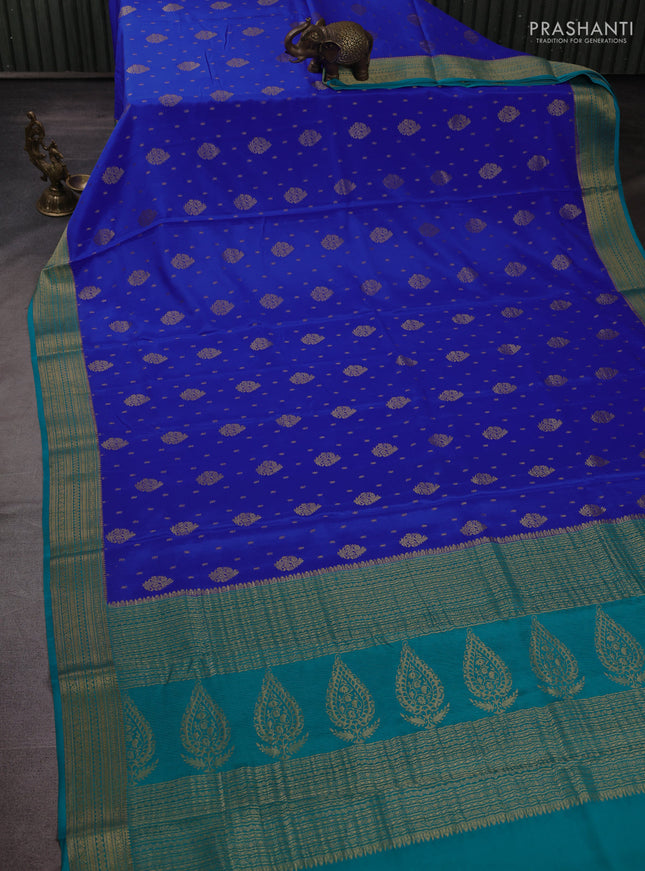 Pure mysore silk saree royal blue and teal blue with allover zari woven buttas and zari woven border