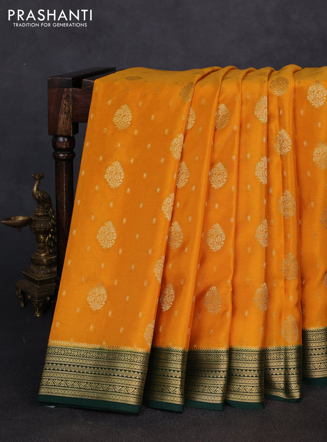 Pure mysore silk saree mango yellow and bottle green with allover zari woven buttas and zari woven border