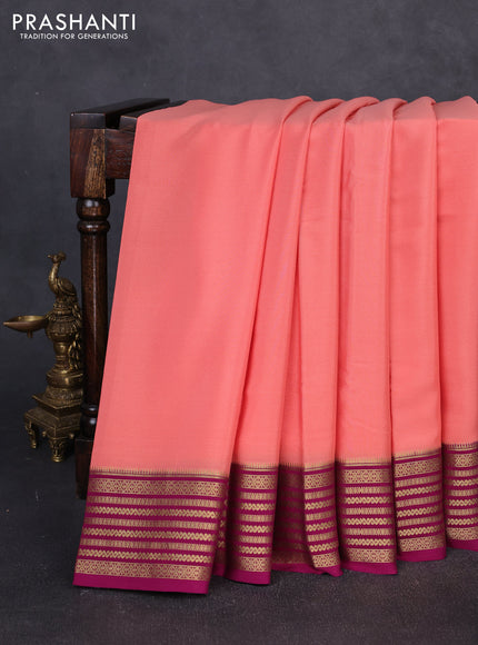 Pure mysore silk peach shade and magenta pink with plain body and zari woven border