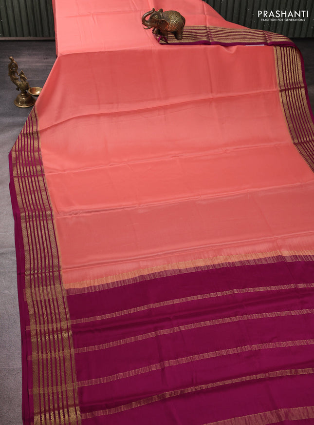 Pure mysore silk peach shade and magenta pink with plain body and zari woven border