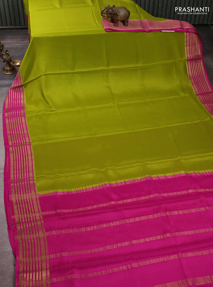 Pure mysore silk mehendi green and pink with plain body and zari woven border