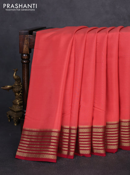 Pure mysore silk peach shade and maroon with plain body and zari woven border
