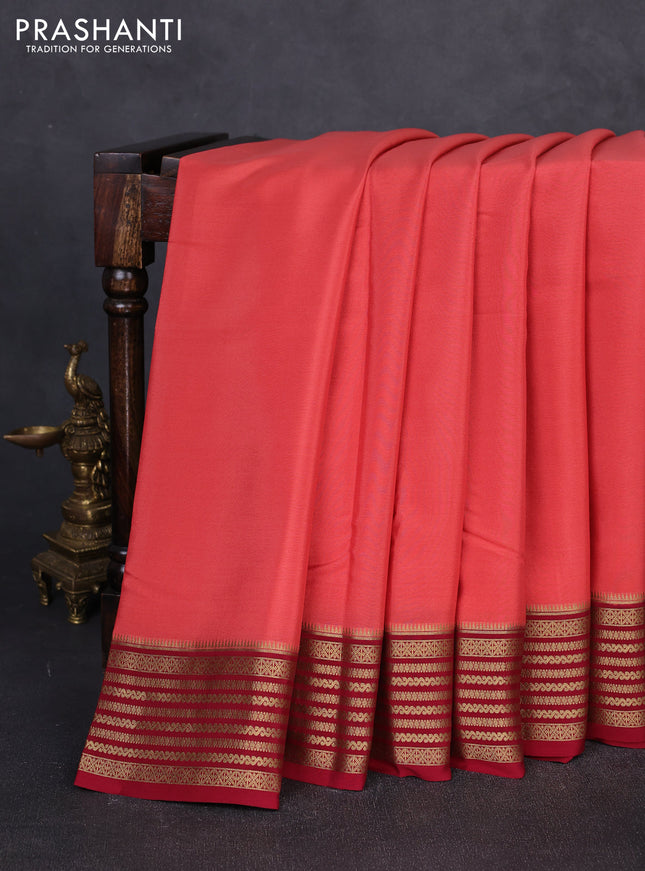 Pure mysore silk peach shade and maroon with plain body and zari woven border