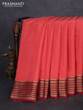 Pure mysore silk saree peach shade and maroon with plain body and zari woven border