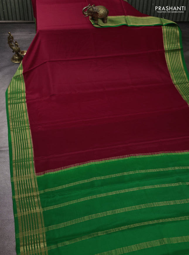 Pure mysore silk maroon and green with plain body and zari woven border