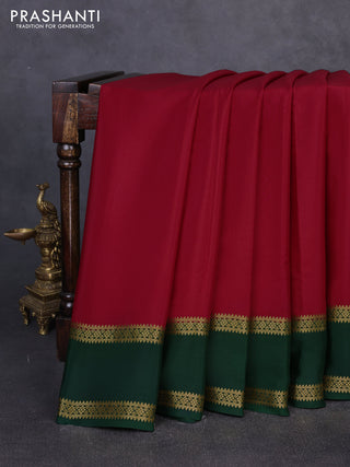 Pure mysore silk saree maroon and bottle green with plain body and rettapet zari woven border