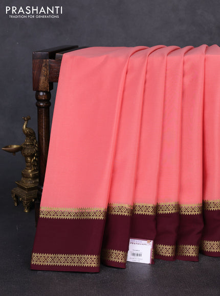Pure mysore silk peach shade and coffee brown with plain body and rettapet zari woven border