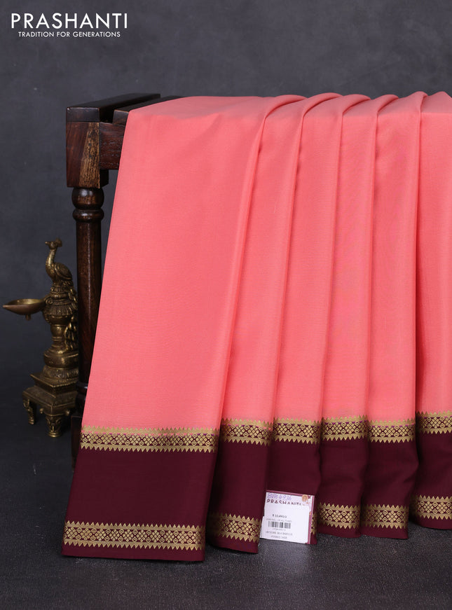 Pure mysore silk peach shade and coffee brown with plain body and rettapet zari woven border