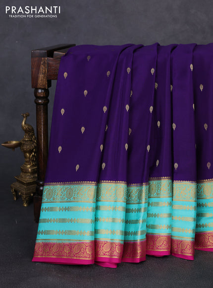 Pure mysore silk violet and teal green with allover zari woven buttas and zari woven border