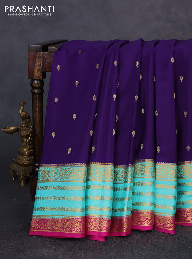Pure mysore silk violet and teal green with allover zari woven buttas and zari woven border
