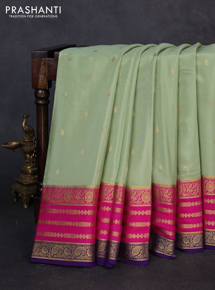 Pure mysore silk pastel green and pink with allover zari woven buttas and zari woven border