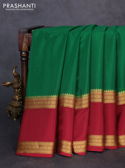 Pure mysore silk green and maroon with plain body and rettapet zari woven border