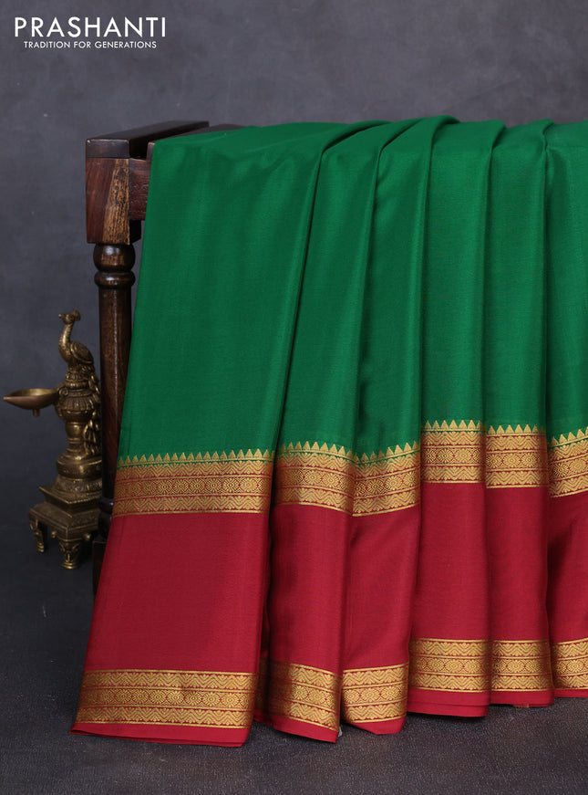 Pure mysore silk green and maroon with plain body and rettapet zari woven border