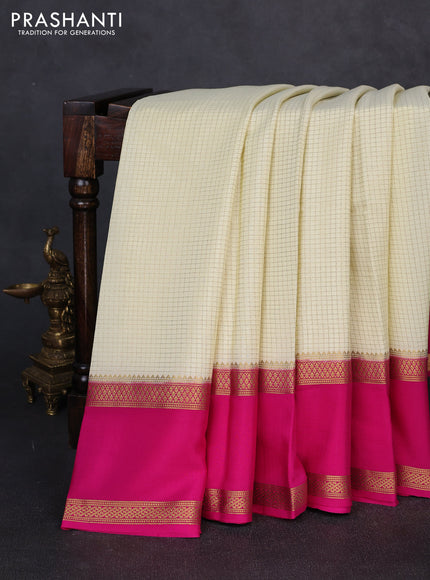 Pure mysore silk cream and pink with allover small zari checked pattern and rettapet zari woven border