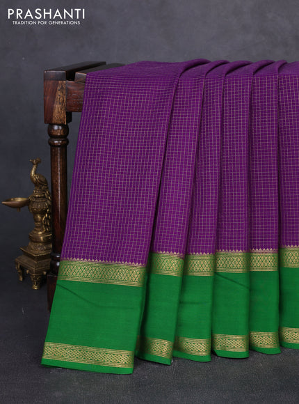 Pure mysore silk purple and green with allover small zari checked pattern and rettapet zari woven border