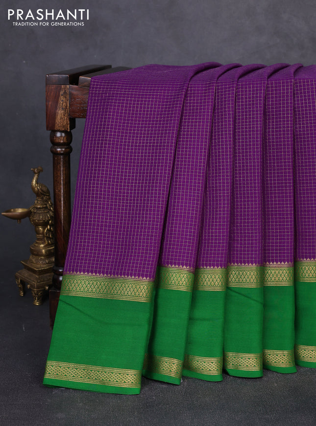 Pure mysore silk purple and green with allover small zari checked pattern and rettapet zari woven border