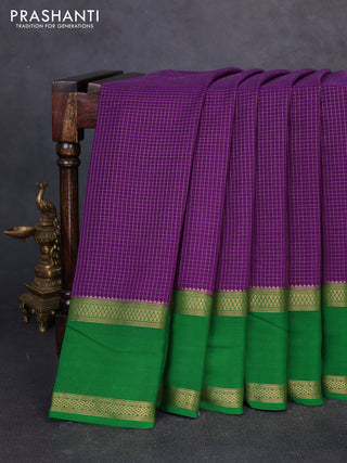 Pure mysore silk saree purple and green with allover small zari checked pattern and rettapet zari woven border
