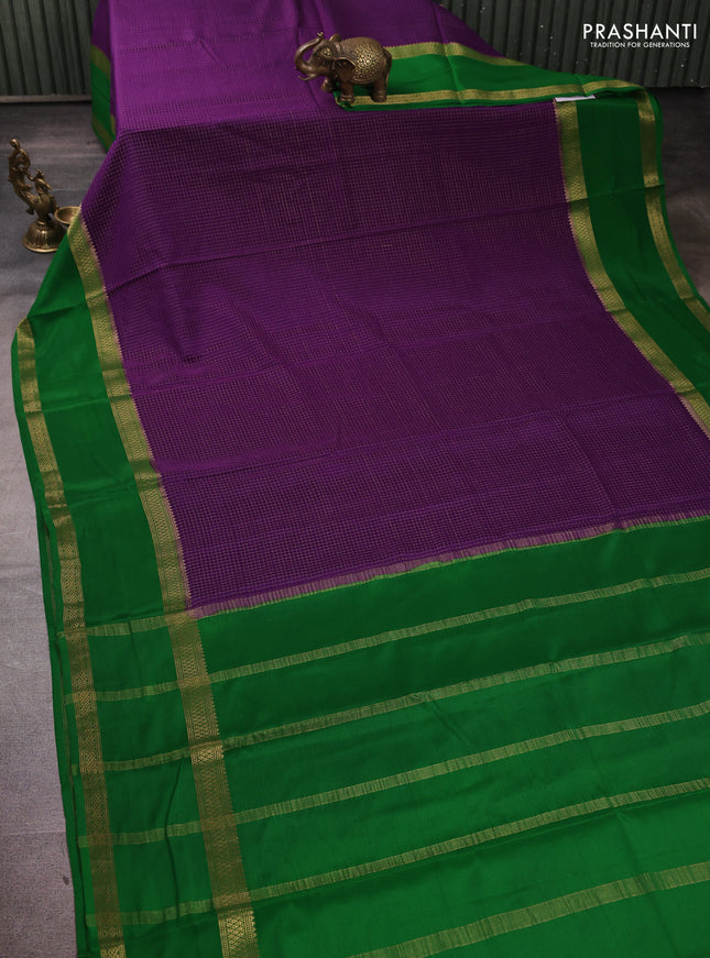 Pure mysore silk purple and green with allover small zari checked pattern and rettapet zari woven border