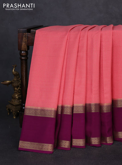 Pure mysore silk peach pink and magenta pink with allover small zari checked pattern and rettapet zari woven border