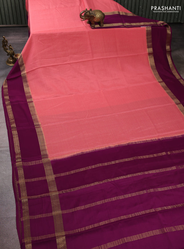 Pure mysore silk peach pink and magenta pink with allover small zari checked pattern and rettapet zari woven border