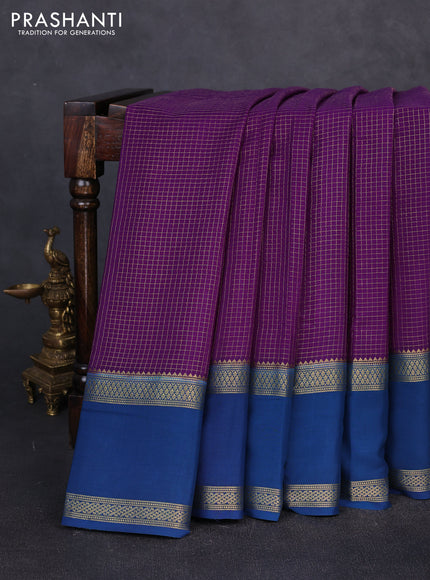 Pure mysore silk violet and peacock blue with allover small zari checked pattern and rettapet zari woven border