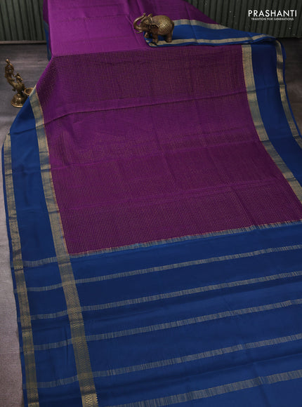 Pure mysore silk violet and peacock blue with allover small zari checked pattern and rettapet zari woven border