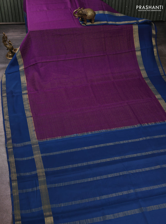 Pure mysore silk violet and peacock blue with allover small zari checked pattern and rettapet zari woven border
