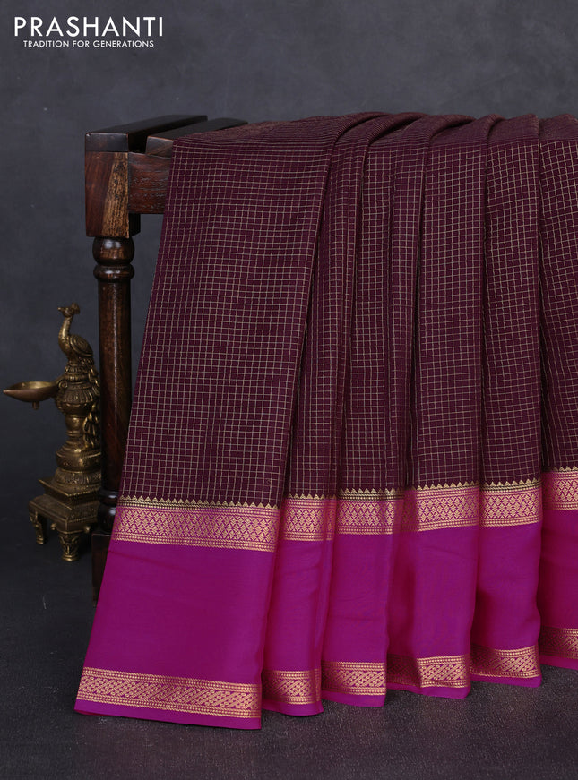 Pure mysore silk coffee brown and pink with allover small zari checked pattern and rettapet zari woven border