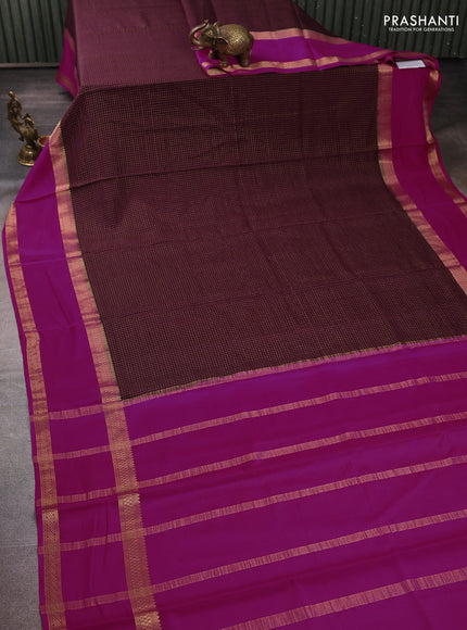 Pure mysore silk coffee brown and pink with allover small zari checked pattern and rettapet zari woven border