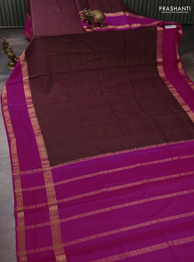 Pure mysore silk coffee brown and pink with allover small zari checked pattern and rettapet zari woven border