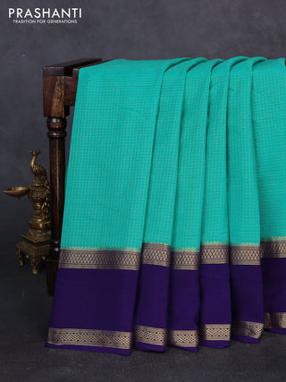 Pure mysore silk saree teal green and violet with allover small zari checked pattern and rettapet zari woven border