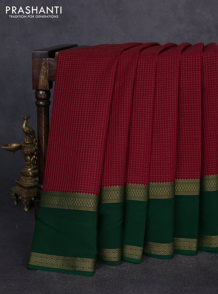 Pure mysore silk maroon and green with allover small zari checked pattern and rettapet zari woven border