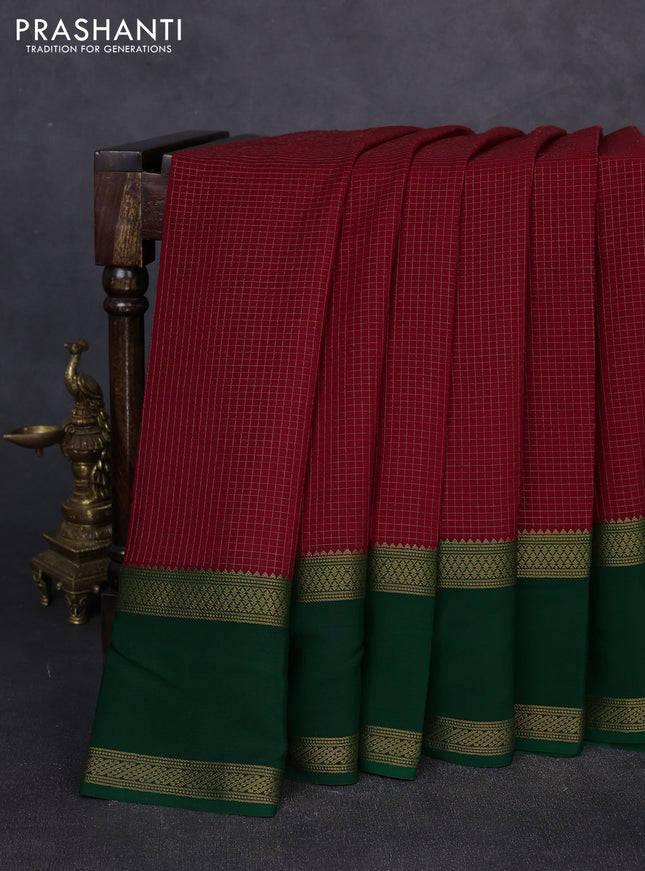 Pure mysore silk maroon and green with allover small zari checked pattern and rettapet zari woven border